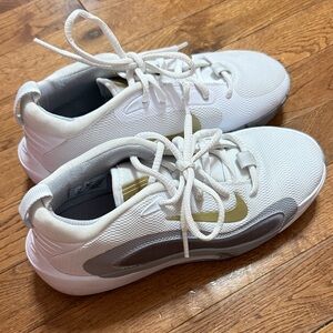 Nike Kids White and Gray Basketball Shoes with Gold Swoosh